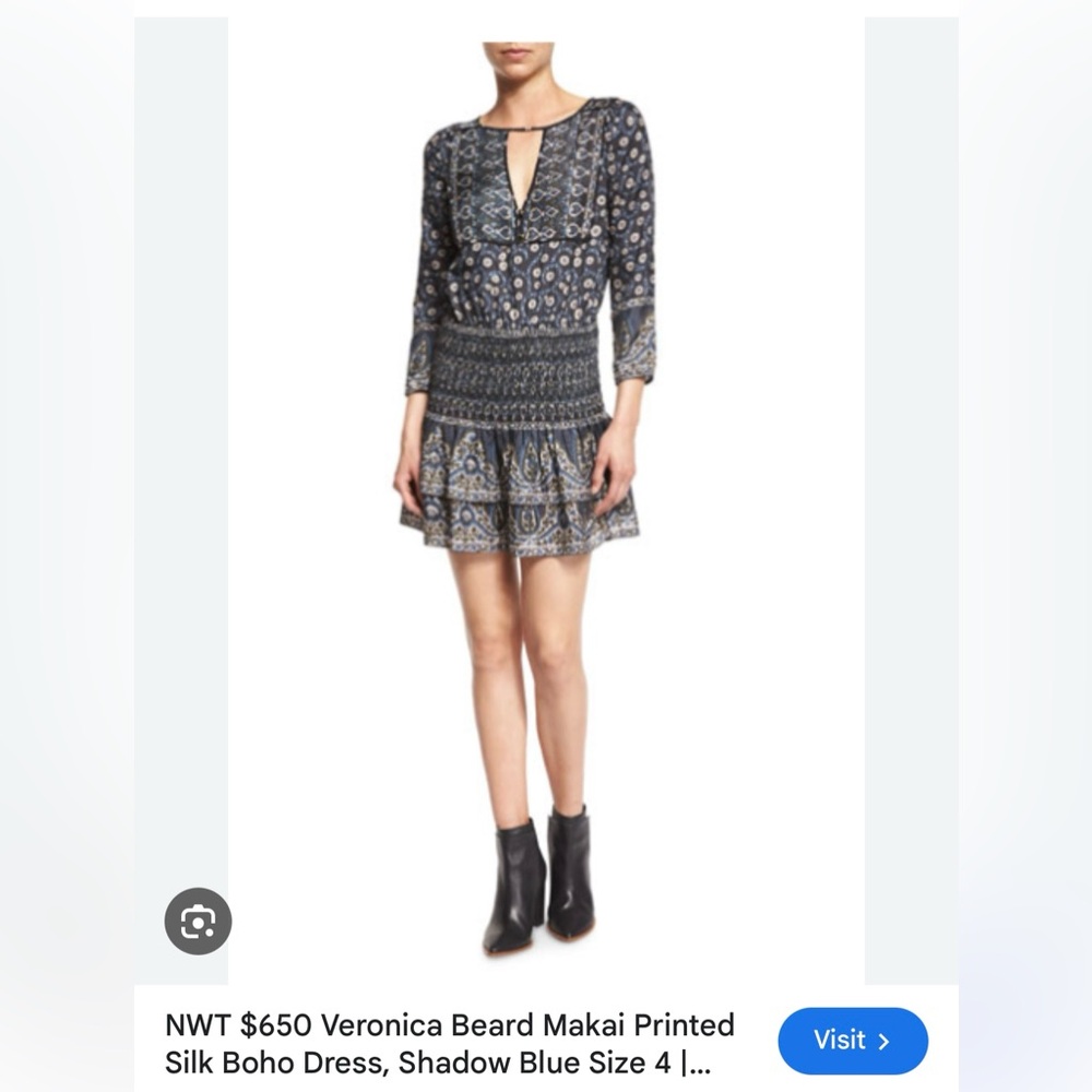 Veronica Beard Navy and White Patterned Long Sleeve Dress